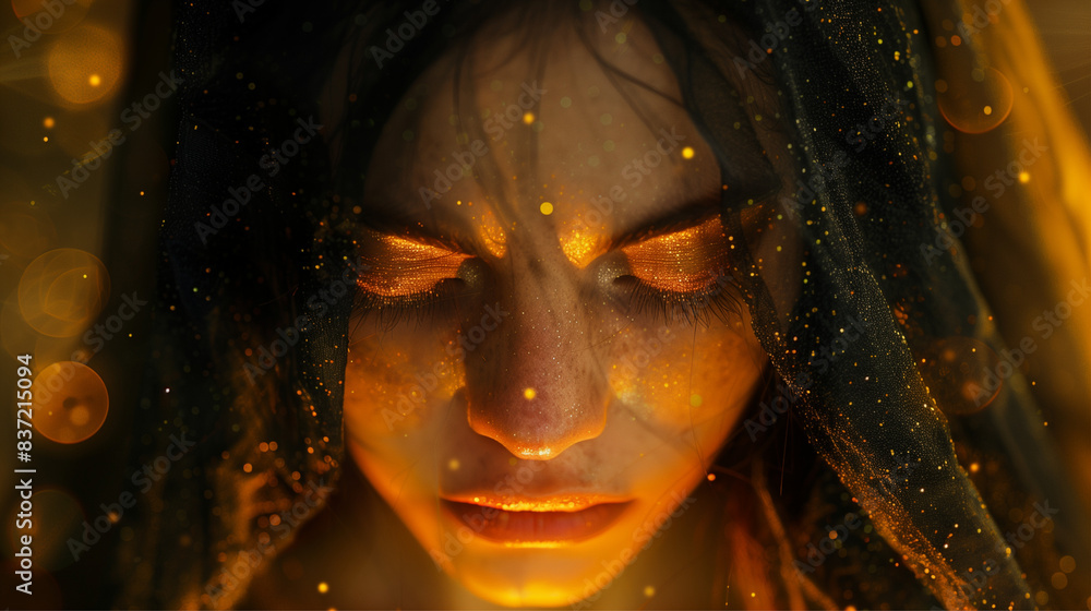 A captivating image of a woman with gold glitter on her face under a starlit veil, invoking wonder A captivating image of a woman with gold glitter on her face under a starlit veil, invoking wonder