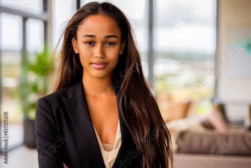 A professional young woman with long hair stands confidently in a modern office, wearing a smart suit. She exudes sophistication and competence.