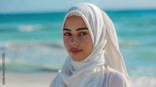 Portrait of a Muslim woman wearing a white hijab on a beach background wallpaper AI generated image