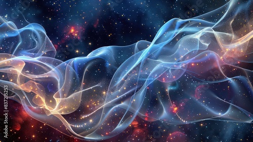 An ethereal abstract background with transparent waves of fabric that sparkle like stars, set against a deep space cosmos backdrop to enhance the celestial theme.