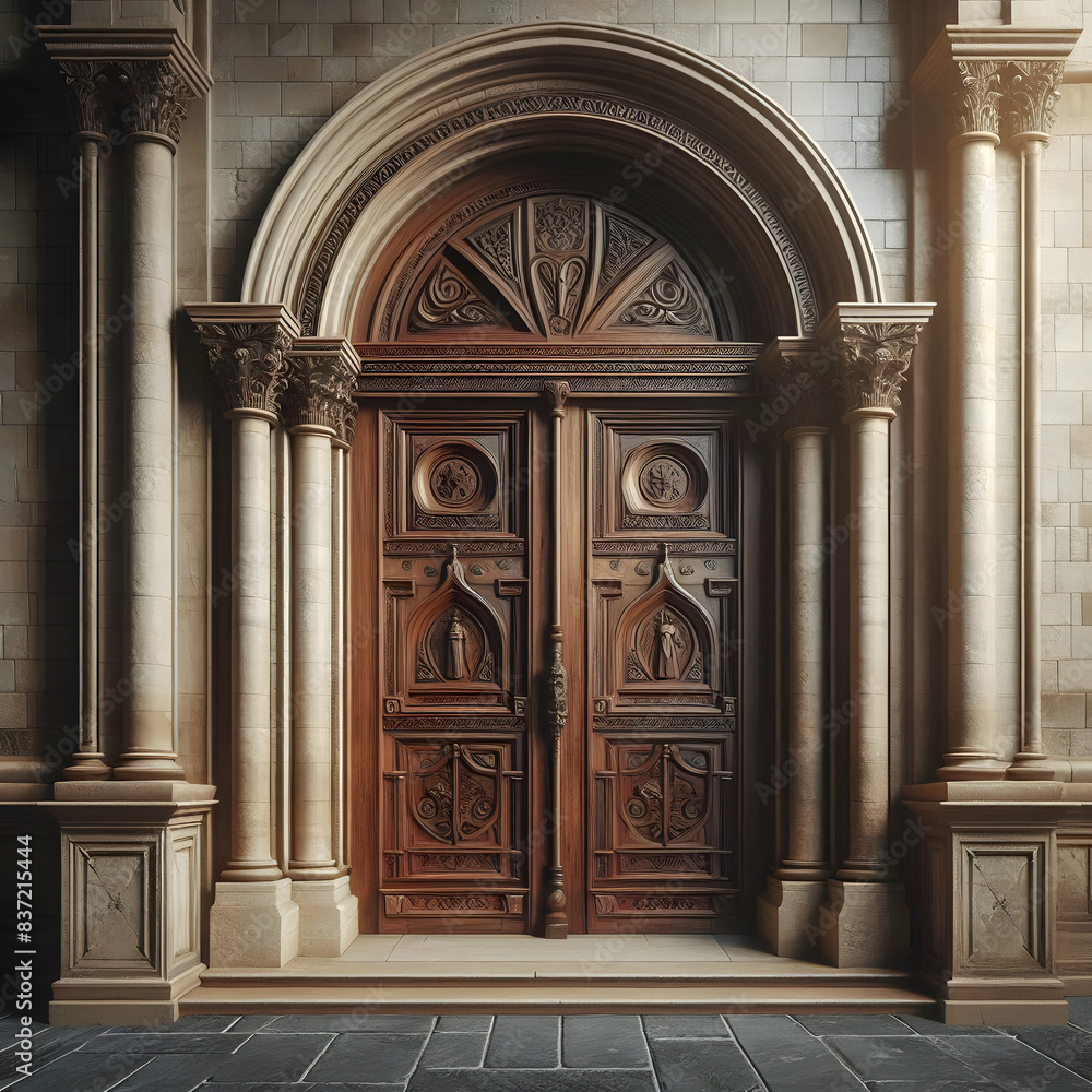 Fototapeta premium entrance to the cathedral door, architecture, old, entrance, wood, wooden, church, building, stone, doorway, house, vintage, gate,Ai generated 