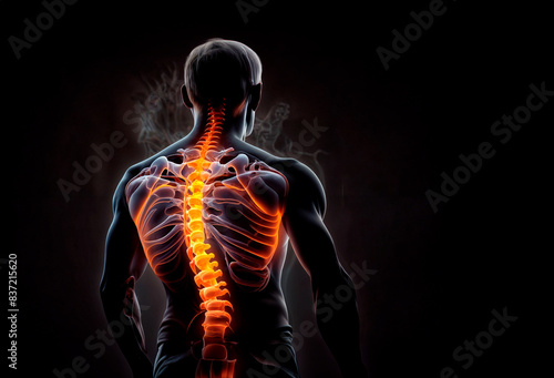 A man's back is illuminated with red and orange colors. Concept of pain.