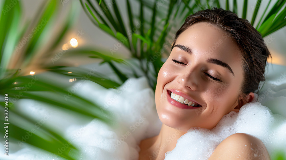 Smiling woman relaxing in bathtub in modern bathroom Smiling woman relaxing in bathtub in modern bathroom