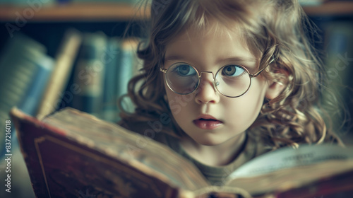 A child with round glasses reads a book, immersed in fascinating reading. His focused face and preoccupation with the pages of the book reflect the joy of discovering new worlds.