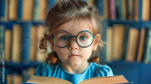 A child with round glasses reads a book, immersed in fascinating reading. His focused face and preoccupation with the pages of the book reflect the joy of discovering new worlds. photo
