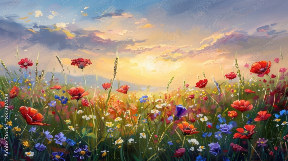 Obraz premium Beautiful wild flowers against the background of sunrise. flowering field painted with oil paints