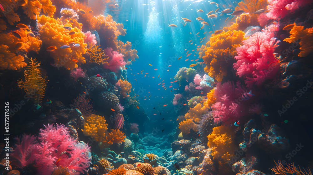 A vibrant nature underwater cave landscape with colorful coral and marine life A vibrant nature underwater cave landscape with colorful coral and marine life