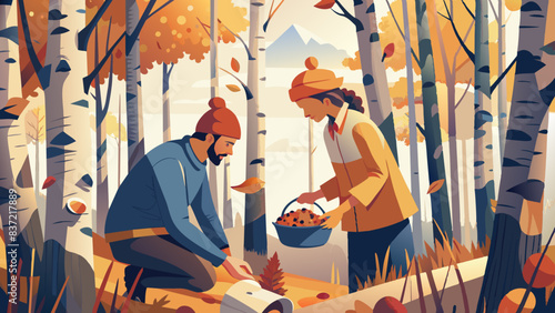 Autumn Harvest Scene with Couple Collecting Mushrooms in Forest