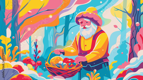 Elderly Man Collecting Apples in Vibrant Autumn Forest