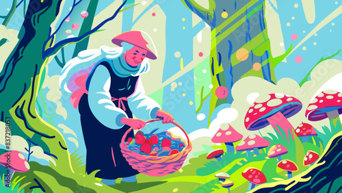 Enchanted Forest Gathering: Whimsical Forager with Basket of Berries