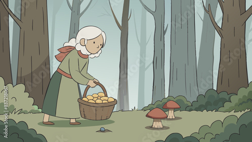 Elderly Woman Gathering Mushrooms in Enchanted Forest Scene