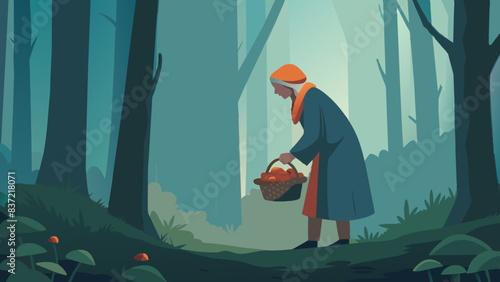 Enchanting Forest Scene with a Character Gathering Mushrooms