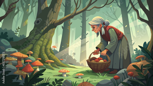Enchanted Forest Gathering: Elderly Woman Harvesting Wild Mushrooms