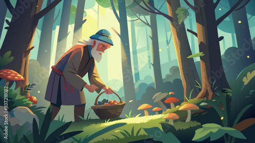 Elderly Man Harvesting Mushrooms in Enchanted Forest Scene
