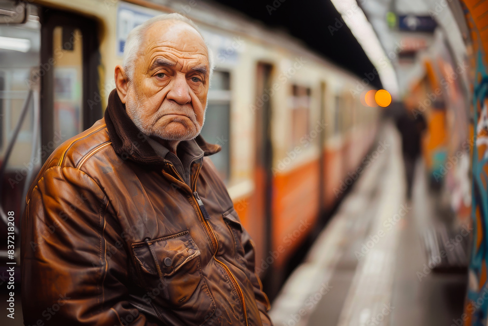 A senior man in a brown leather jacket waiting at a subway station platform with a train in the background. A senior man in a brown leather jacket waiting at a subway station platform with a train in the background.