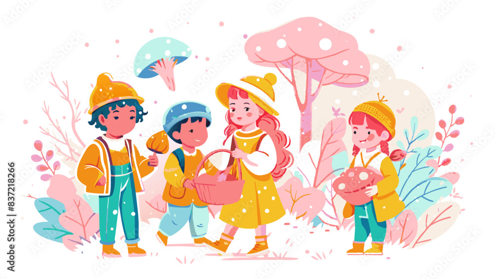Whimsical Children on a Magical Mushroom Foraging Adventure Whimsical Children on a Magical Mushroom Foraging Adventure