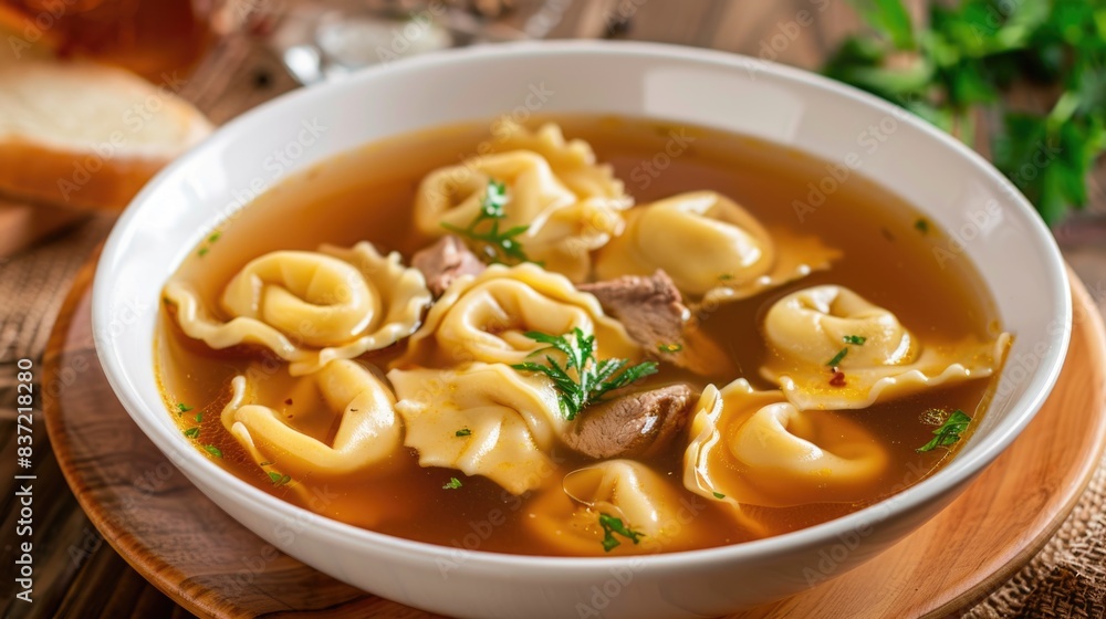 Beef tortellini in a beef broth in a white bowl Beef tortellini in a beef broth in a white bowl
