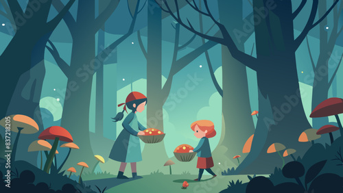 Enchanted Forest Mushroom Picking Adventure with Mother and Daughter