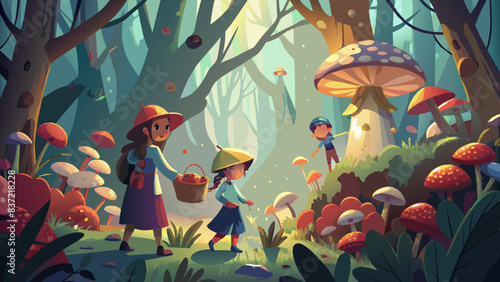 Enchanted Forest Adventure: Children Exploring Magical Woods with Mushrooms