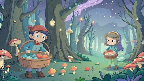 Enchanted Forest Adventure with Children Mushroom Picking at Twilight