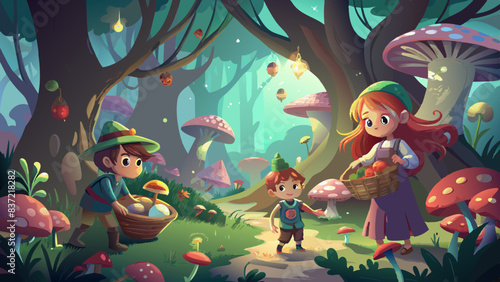 Enchanted Forest Mushroom Picking Adventure with Whimsical Characters
