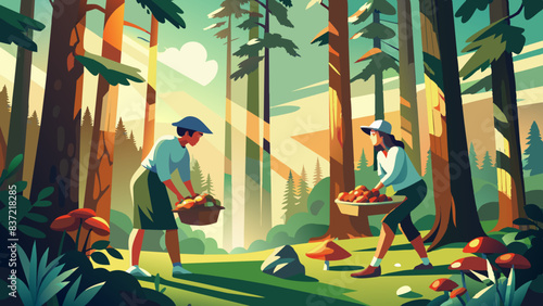Idyllic Autumn Harvest Scene with Cartoon Characters in Forest