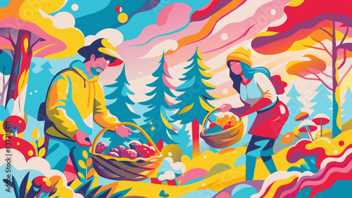Vibrant Autumn Harvest with Happy Couple Picking Mushrooms in Forest