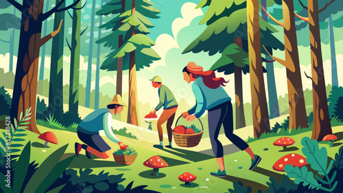 Family Enjoying Mushroom Picking in Lush Forest Landscape