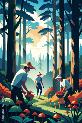 Forest Mushroom Pickers at Sunset - Rustic Foraging Adventure
