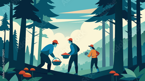 Peaceful Forest Gathering with Friends Picking Mushrooms