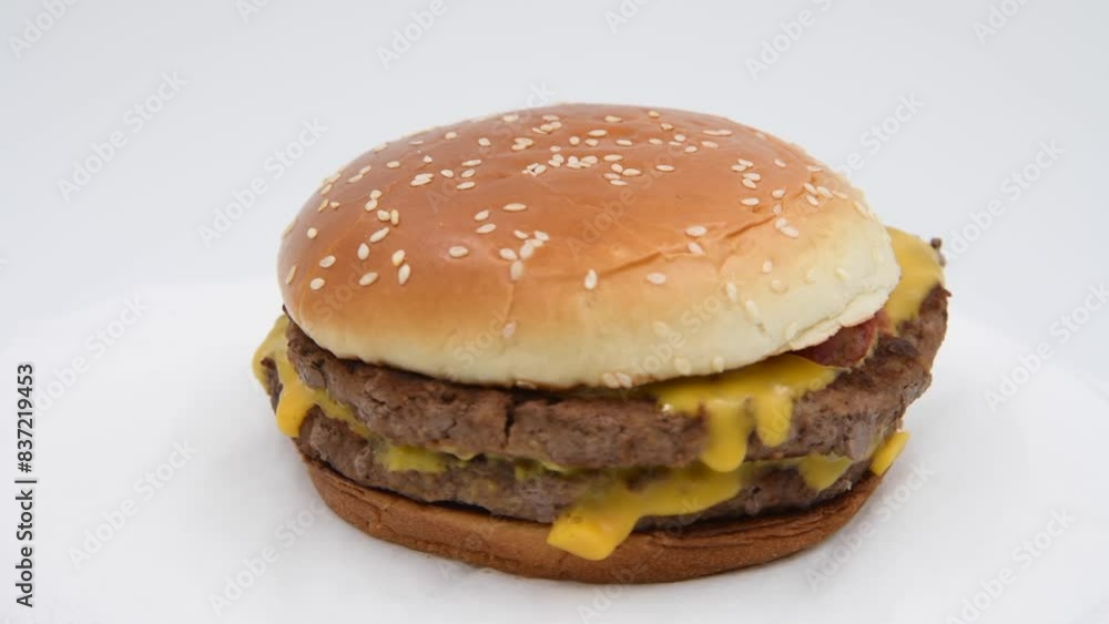 Close-up view of double cheeseburger spinning against gray background. Bun covered with sesame seeds. Soft focus. Real time video. Fast food restaurant. Unhealthy eating theme. Close-up view of double cheeseburger spinning against gray background. Bun covered with sesame seeds. Soft focus. Real time video. Fast food restaurant. Unhealthy eating theme.
