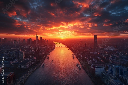 View of the metropolis with the river and bridges at sunset. Wide panoramic aerial cityscape of Frankfurt am Main  Germany. Skyline panorama of the financial center skyscrapers at sunset.