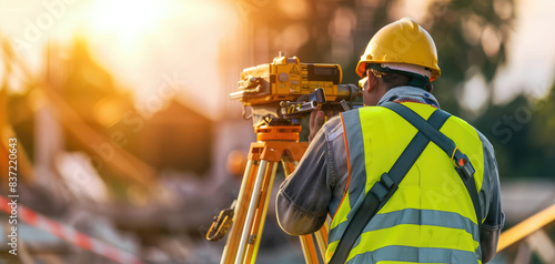 Surveyor builder worker Engineer with theodolite transit equipment at construction site outdoors, surveying and topographic work