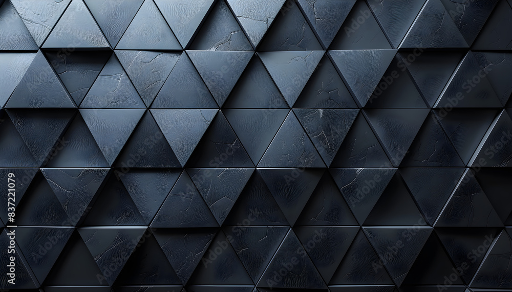 A polished, semigloss wall background with triangular tile wallpaper featuring 3D black blocks. Suitable for interior design and home decor purposes.