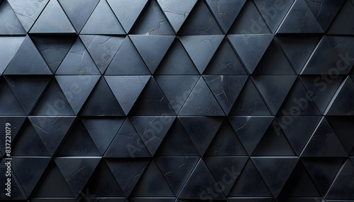 A polished, semigloss wall background with triangular tile wallpaper featuring 3D black blocks. Suitable for interior design and home decor purposes.