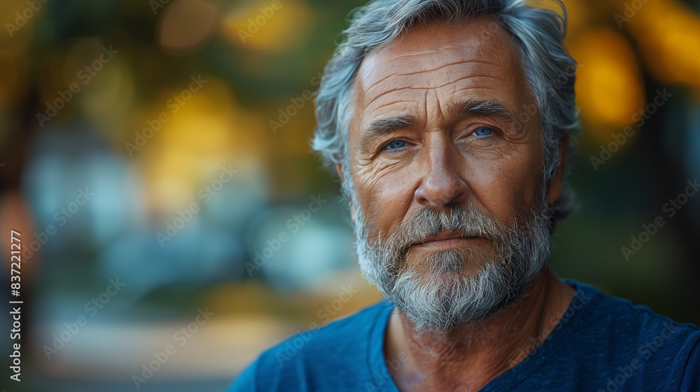 Portrait of Mature Man with Grey Hair at Blur Autumn Outdoor (Outdoors) Background Portrait of Mature Man with Grey Hair at Blur Autumn Outdoor (Outdoors) Background