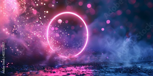 Neon Pink Light Ring Illuminating Abstract Bubbles on Dark Background. Concept Neon Lights, Pink, Abstract, Bubbles, Dark Background