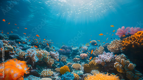 An ultra HD view of a nature coral reef, the clear blue water highlighting the vivid colors of the coral and sea creatures © MistoGraphy