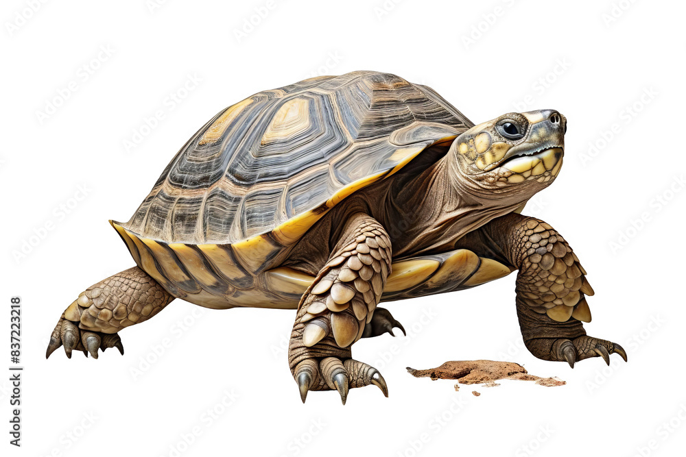 A brown tortoise with yellow markings on its shell, walking forward on a white background. A brown tortoise with yellow markings on its shell, walking forward on a white background.