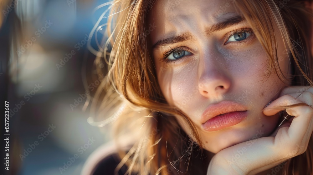 Thoughtful Girl with Furrowed Brow and Pursed Lips Contemplating a Complex Issue Thoughtful Girl with Furrowed Brow and Pursed Lips Contemplating a Complex Issue