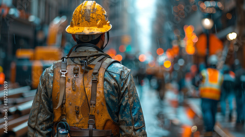 Worker in helmet. Road repair