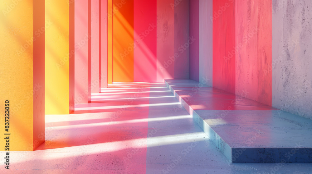 A long hallway with colorful walls and a bright light shining on it A long hallway with colorful walls and a bright light shining on it
