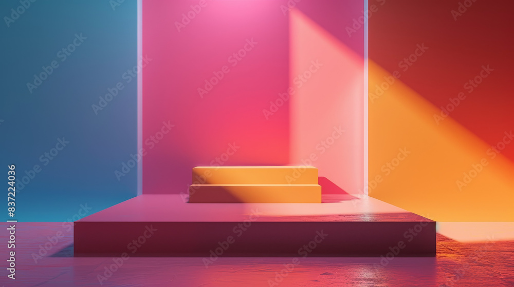 A colorful room with a pink wall and a yellow podium A colorful room with a pink wall and a yellow podium