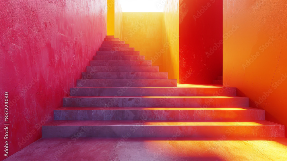 A staircase with a red wall in the background A staircase with a red wall in the background