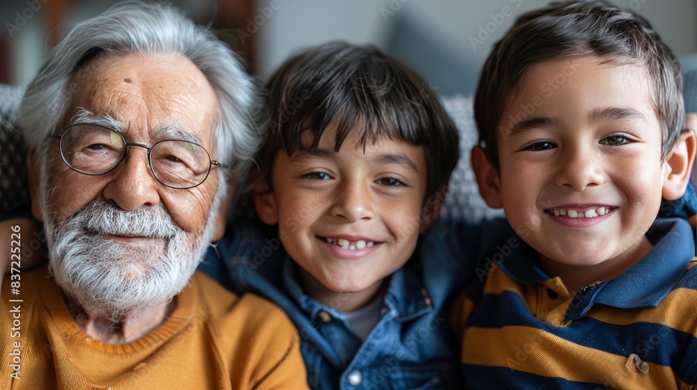Heartwarming Moment of Elderly Man and Two Young Boys Sharing Joy Heartwarming Moment of Elderly Man and Two Young Boys Sharing Joy