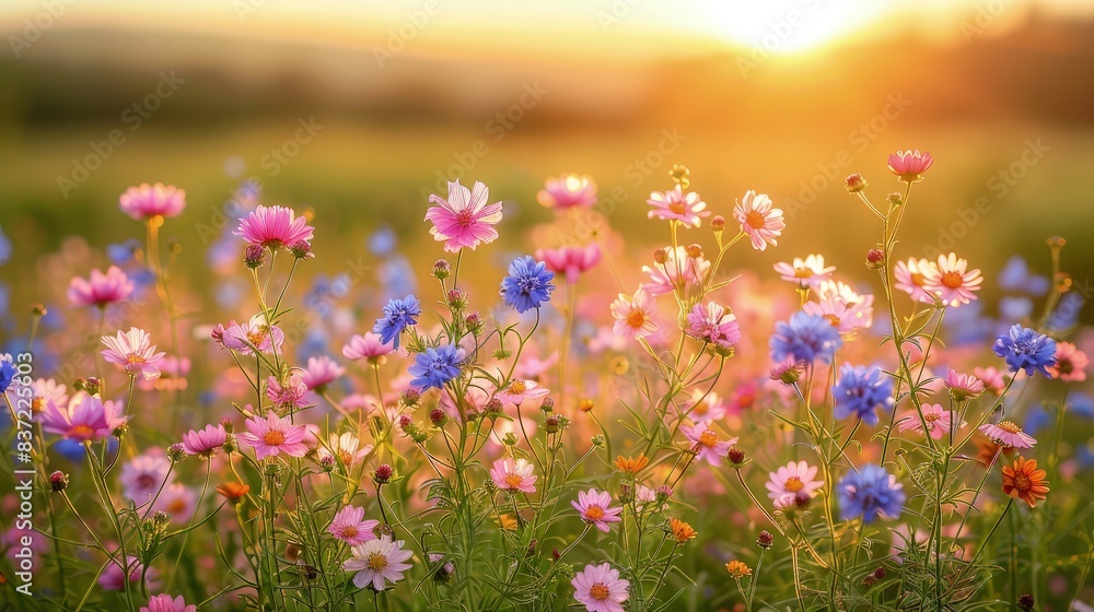 Vibrant Wildflower Field with Sunset Backdrop Vibrant Wildflower Field with Sunset Backdrop