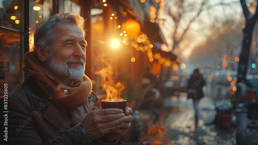 Man drinking coffee at winter outside (outdoors) Man drinking coffee at winter outside (outdoors)