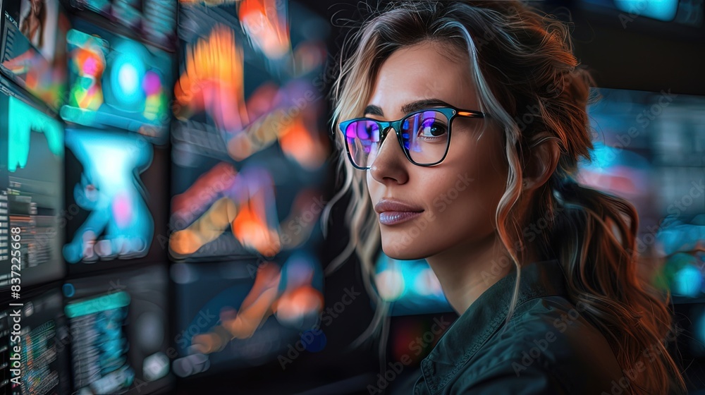 Woman in Green Top, Blue Glasses Observing Vibrant Computer Monitors Woman in Green Top, Blue Glasses Observing Vibrant Computer Monitors