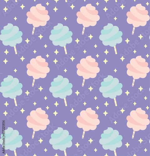 Seamless pattern with cute cotton candy. Vector colorful background in flat style.	