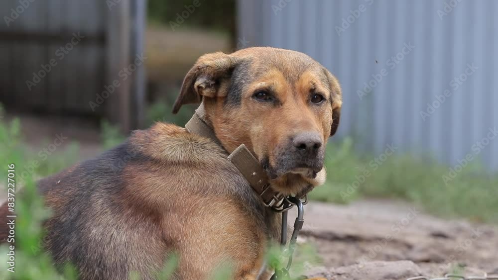 Dog chained at home near his kennel and bowls of food. Sad, hungry, thin and lonely dog in chain sitting outside dog house. Concept of animal abuse. Dog chained at home near his kennel and bowls of food. Sad, hungry, thin and lonely dog in chain sitting outside dog house. Concept of animal abuse.